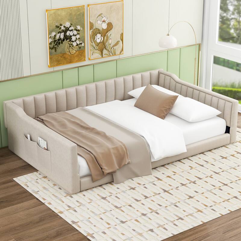 Full XL Size Velvet Platform Bed, Upholstery Daybed Bed Frame with Side Storage Pocket and Wooden Slat Support