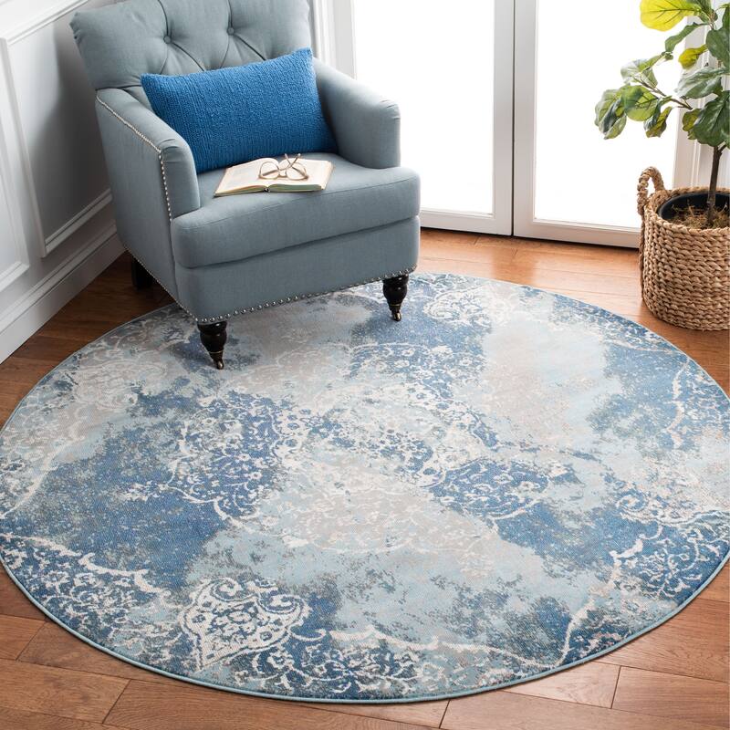 SAFAVIEH Aria Raquelina Medallion Overdyed Distressed Rug - 6'5" Round - Light Blue/Ivory