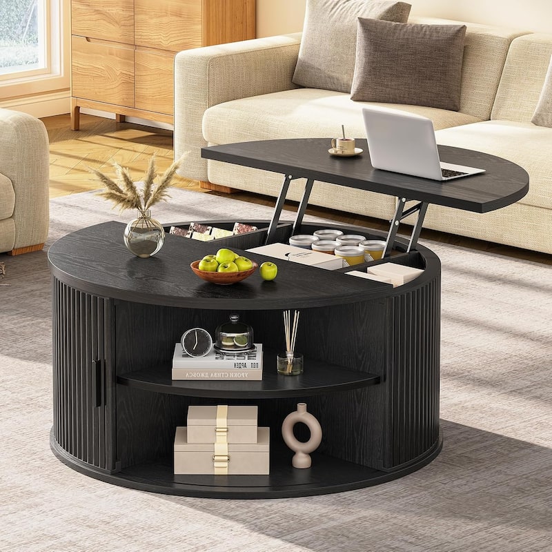 Round Lift Top Coffee Table 180 Grad Curved Sliding Door Living Room - Black