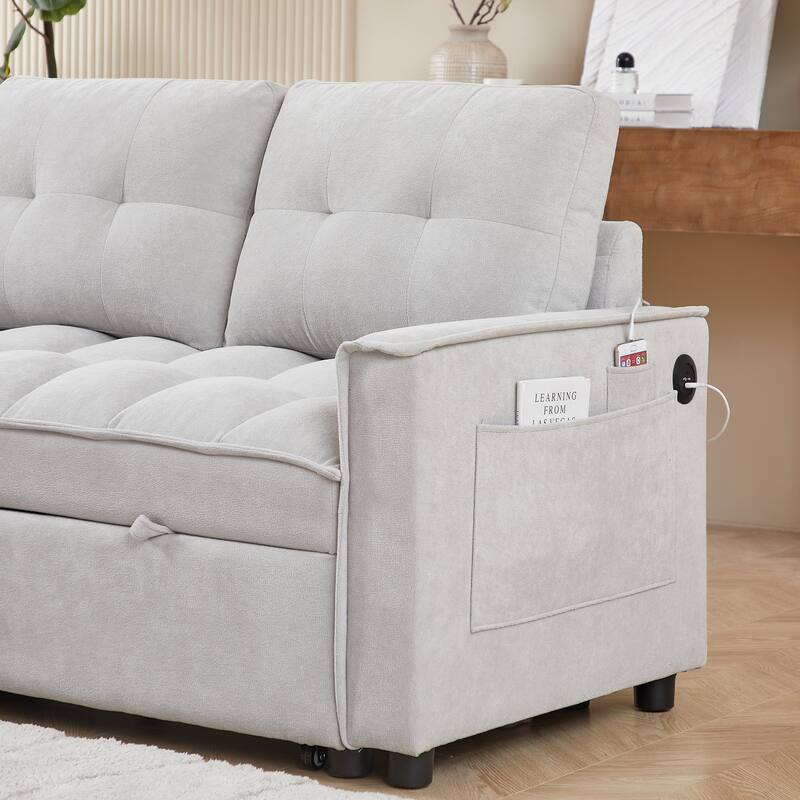 L-Shaped Reclining Sofa with Pull-Out Bed, USB Charging Ports and Storage, Arm Side Organizer for Living Room Comfort