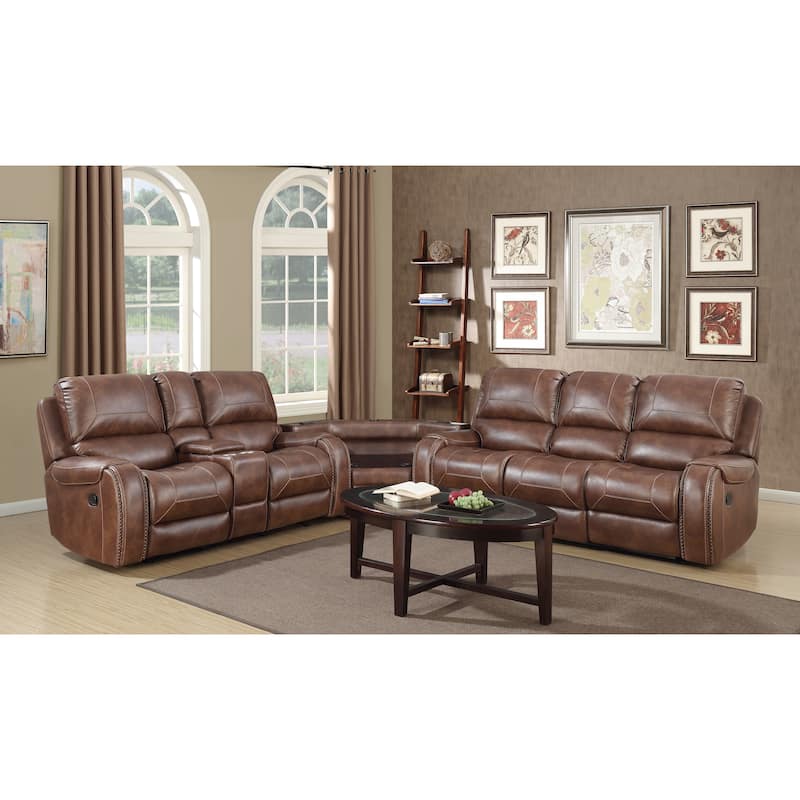 Roundhill Furniture Achern Leather-Air Nailhead Trim Manual Reclining Sofa and Loveseat