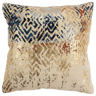 Rizzy Home Beige, Metallic Gold, Blue, and Grey Geometric Throw Pillow