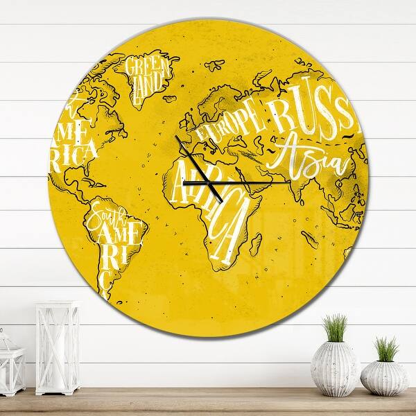 slide 2 of 10, Designart 'Vintage Yellow Worldmap ' Oversized Global Wall CLock