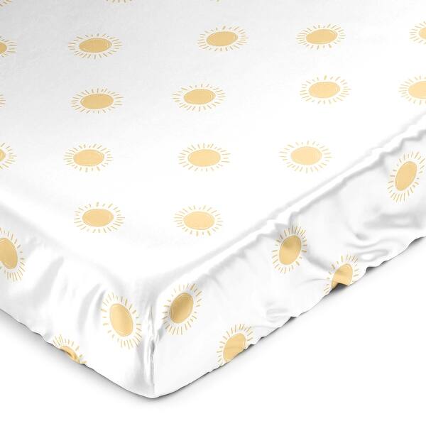 slide 2 of 6, Sweet Jojo Designs White and Yellow Boho Sun Boy Girl Unisex/Gender Neutral Satin Fitted Crib Sheet Mustard Bohemian Celestial