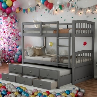 Twin over Twin Bunk Bed With Ladder And Safety Rail,Trundle with 3 Drawers