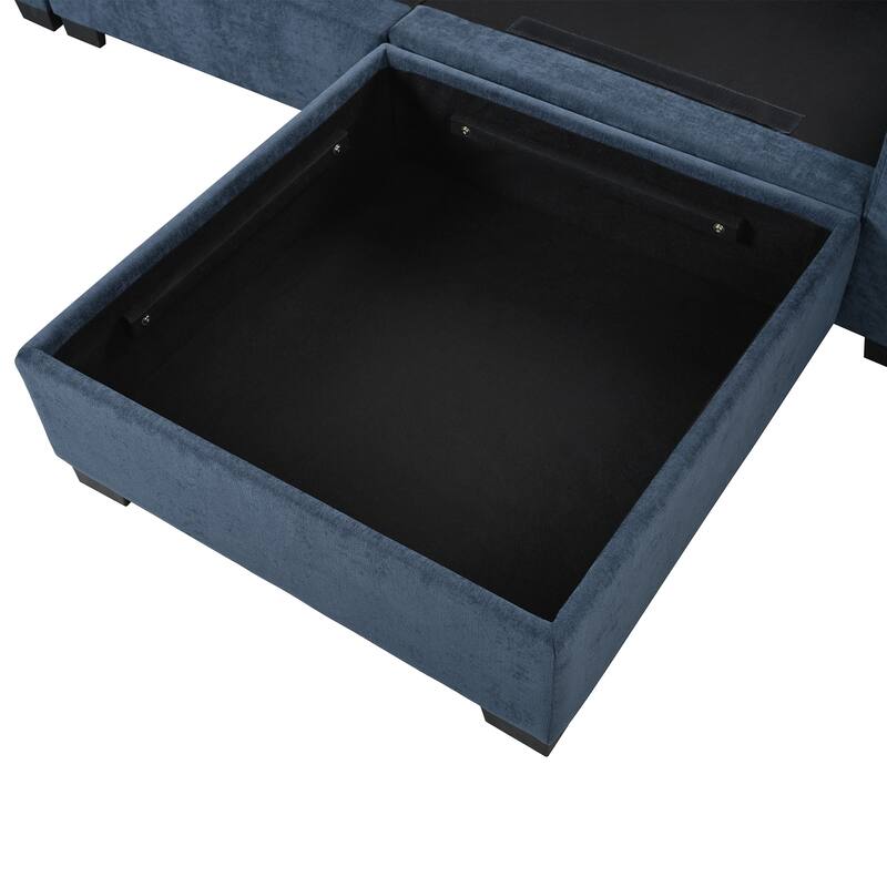 Blue Linen Blend U-shaped Modular Corner Sofa with 2 Ottomans, 132x61x32 inches, 218 lbs