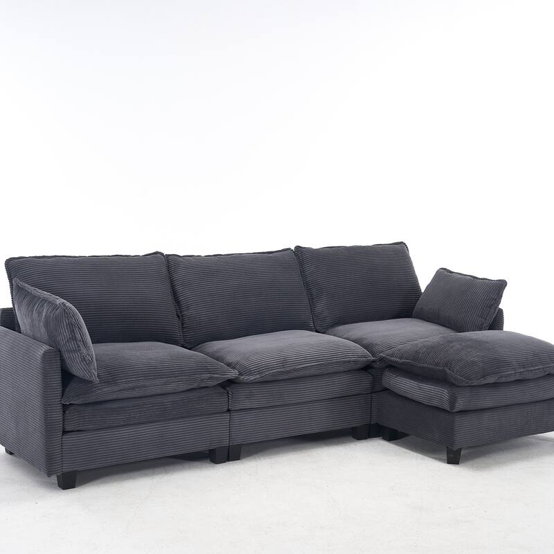 Modular Sofa , Velvet Large U-Shaped Couch Comfy Upholstered 3-Seat Sofa with 1Ottoman, 2 Lumbar Pillow, Deep Seat Couch