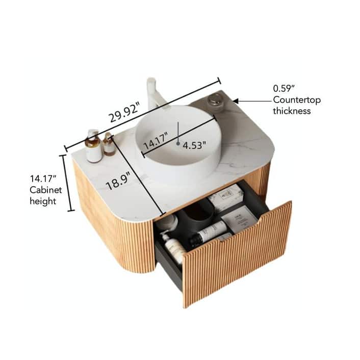 GDFStudio - Dina Modern 30" Floating Bathroom Vanity with Striped Curved Drawer & White Round Ceramic Basin, WITHOUT Faucet