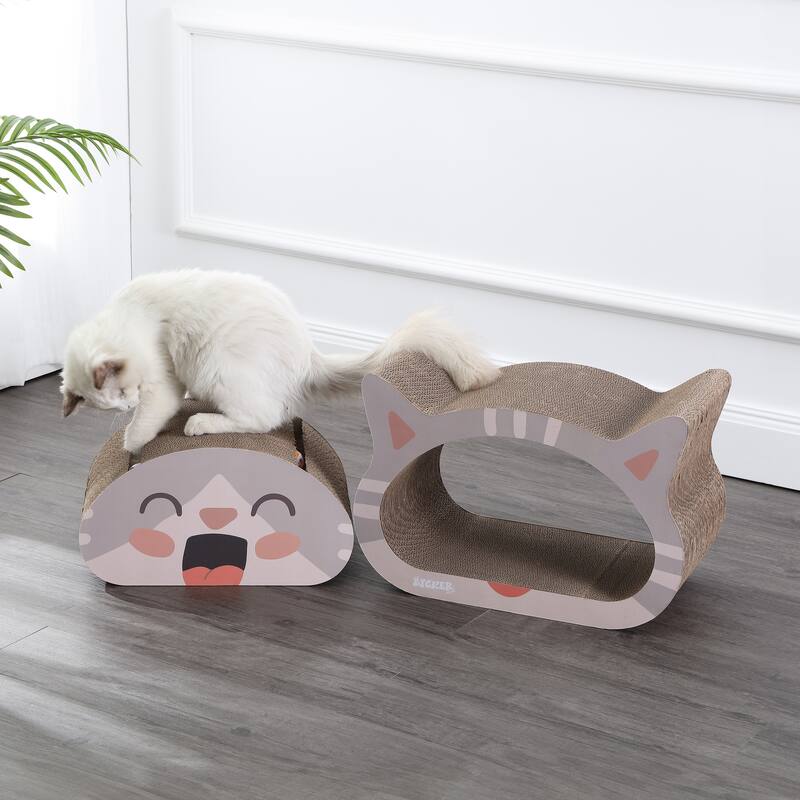 Opal 19" Modern Cardboard Happy Cat Head 2-in-1 Cat Cave Scratcher with Built-In Bell Toys and Catnip, Muted Pink/Cream