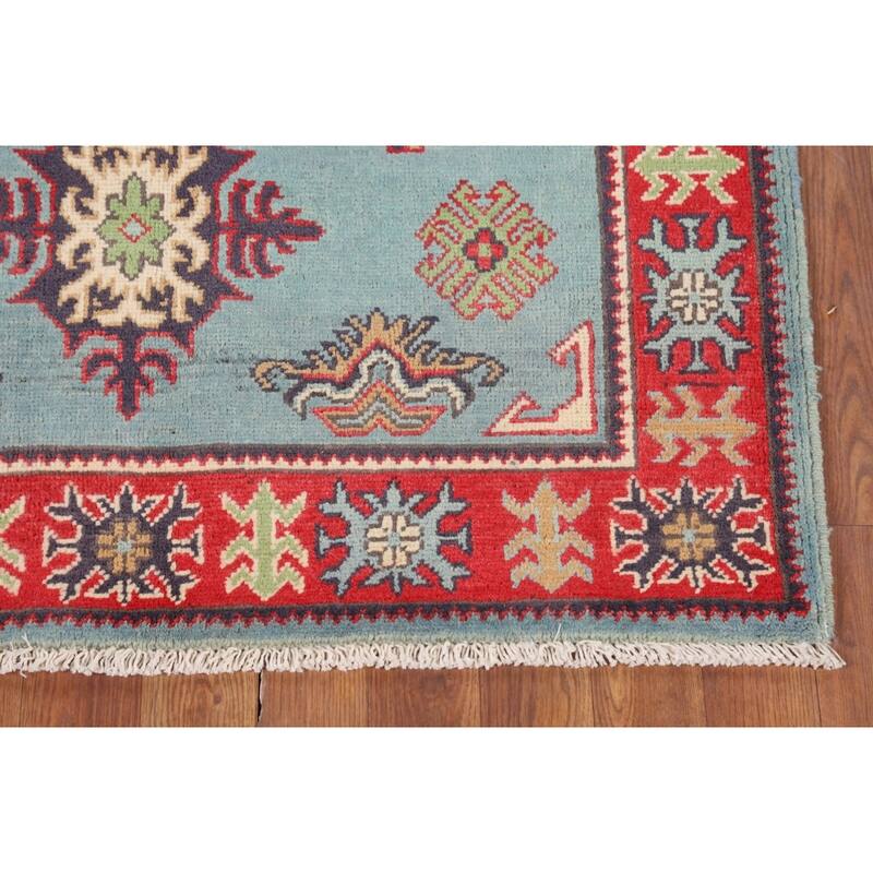 Light Blue Geometric Kazak Foyer Rug Hand-Knotted Oriental Wool Carpet - 3'5" x 4'10"