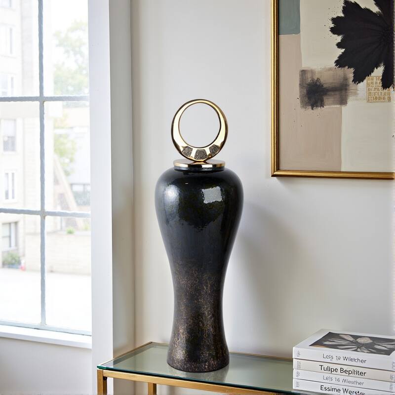 Glass Vase with Modern Sculptural Metal Brass Accent and Stone Detail - 9" x 9" x 27"