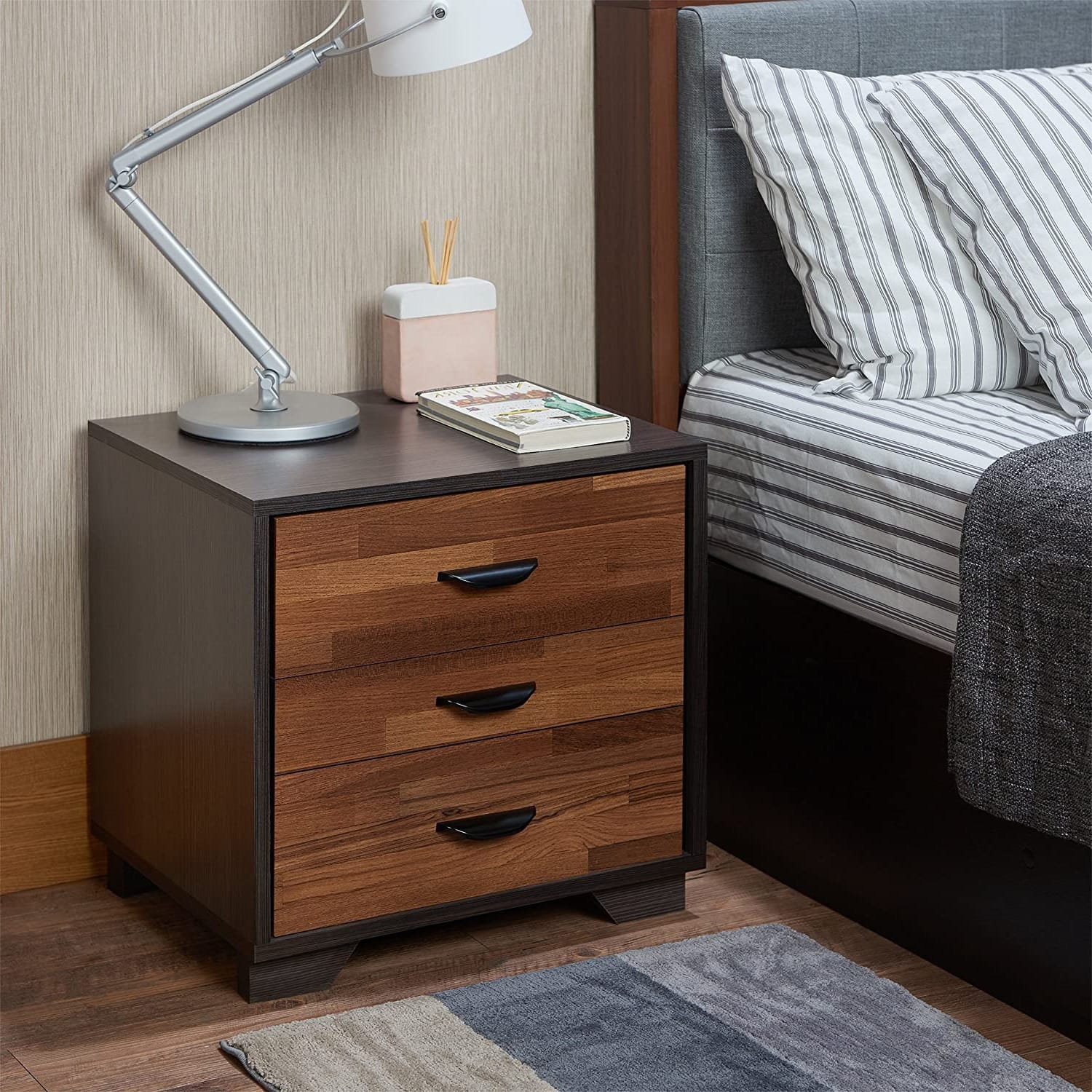 two-tone finish nightstand with 3 drawers, walnut and espresso