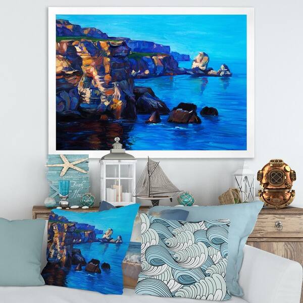 slide 2 of 10, Designart 'Cliffs By The Ocean In The Evening Glow' Nautical & Coastal Framed Art Print 20 In. Wide x 12 In. High - White