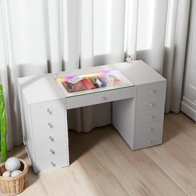 51.2" Vanity Desk with RGB LED Lights, Glass Top Makeup Table with 11 Storage Drawers & Touch Sensor for Bedroom
