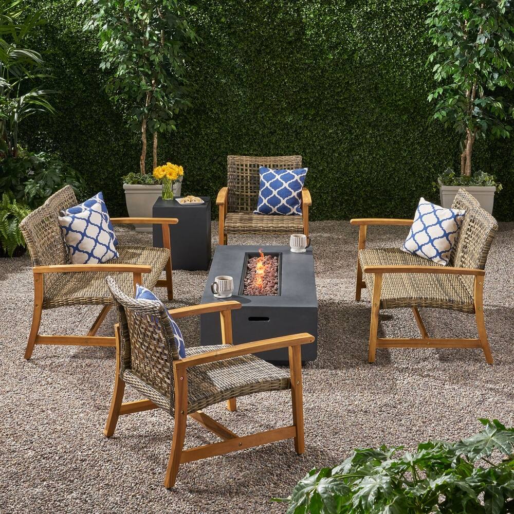 Augusta Outdoor Acacia Wood and Wicker 6 Seater Chat Set with Fire Pit by Christopher Knight Home