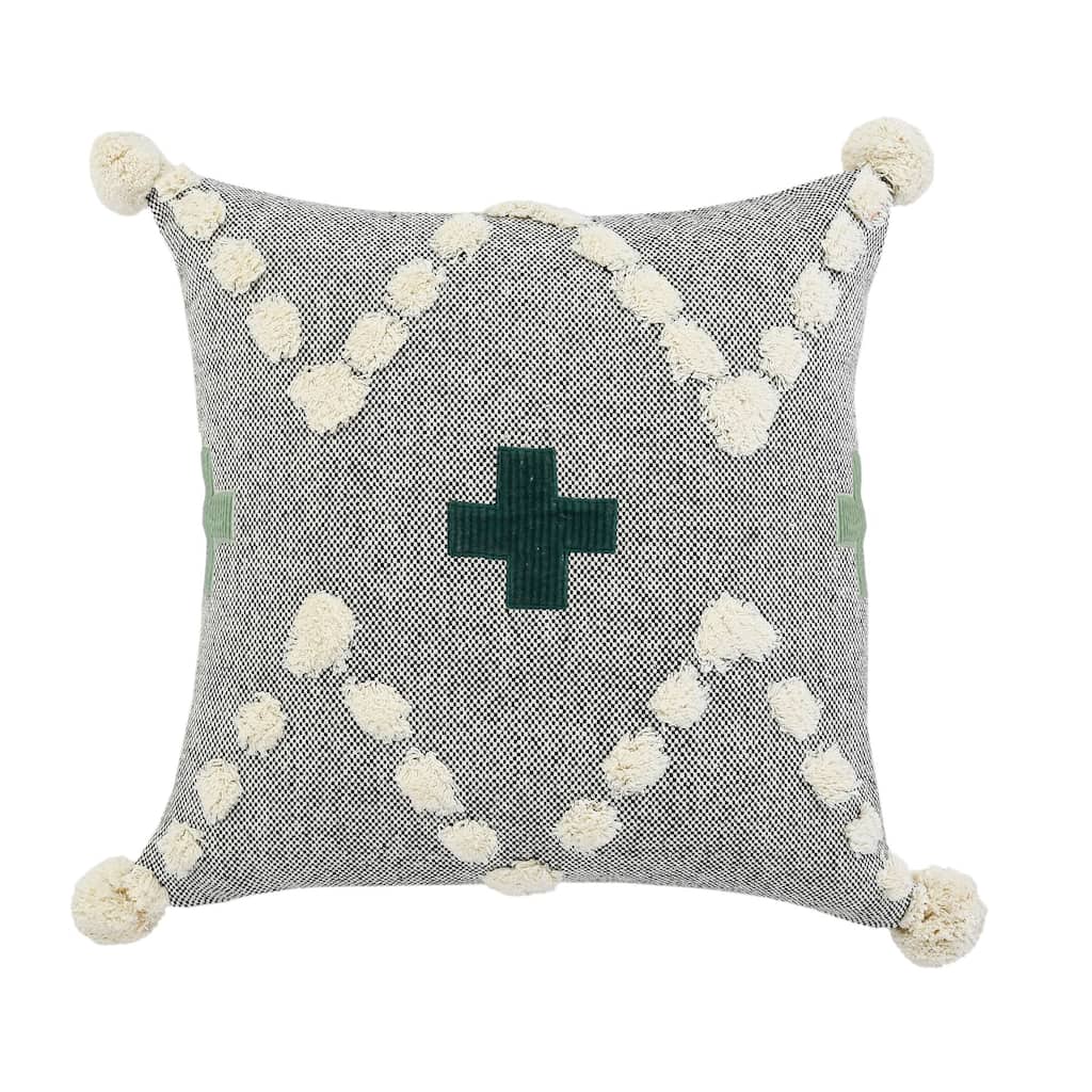 20" Green and Gray Swiss Cross Hand Loomed Square Throw Pillow