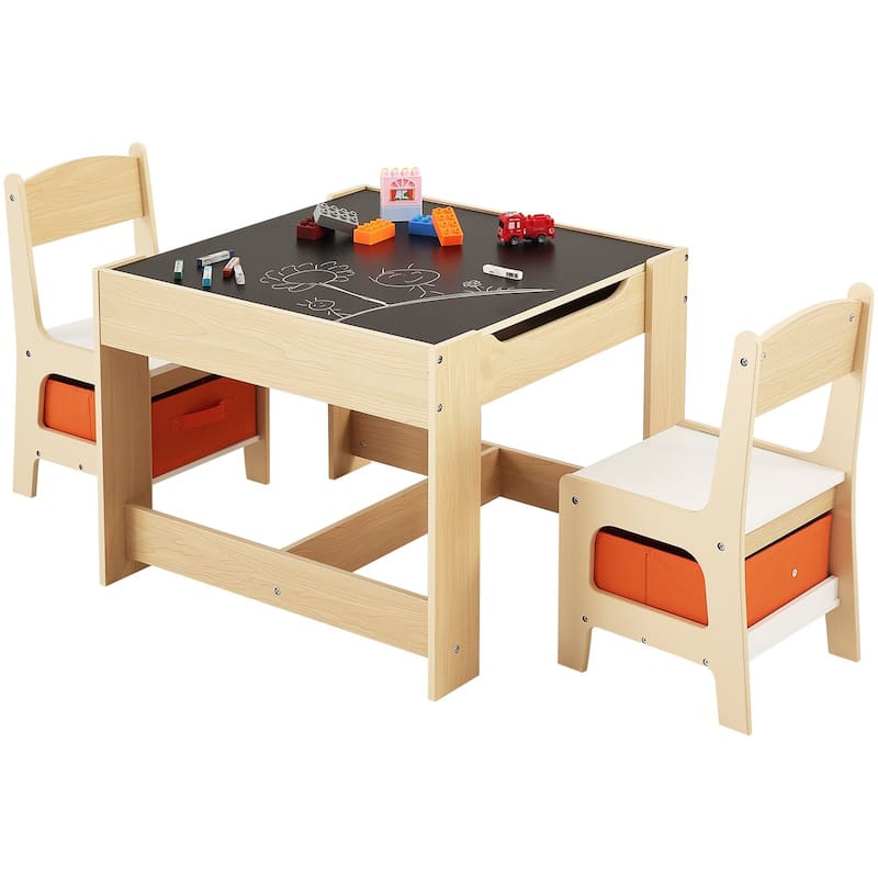 Kids Table and Chair Set, Wooden Activity Table with Storage Space and Boxes