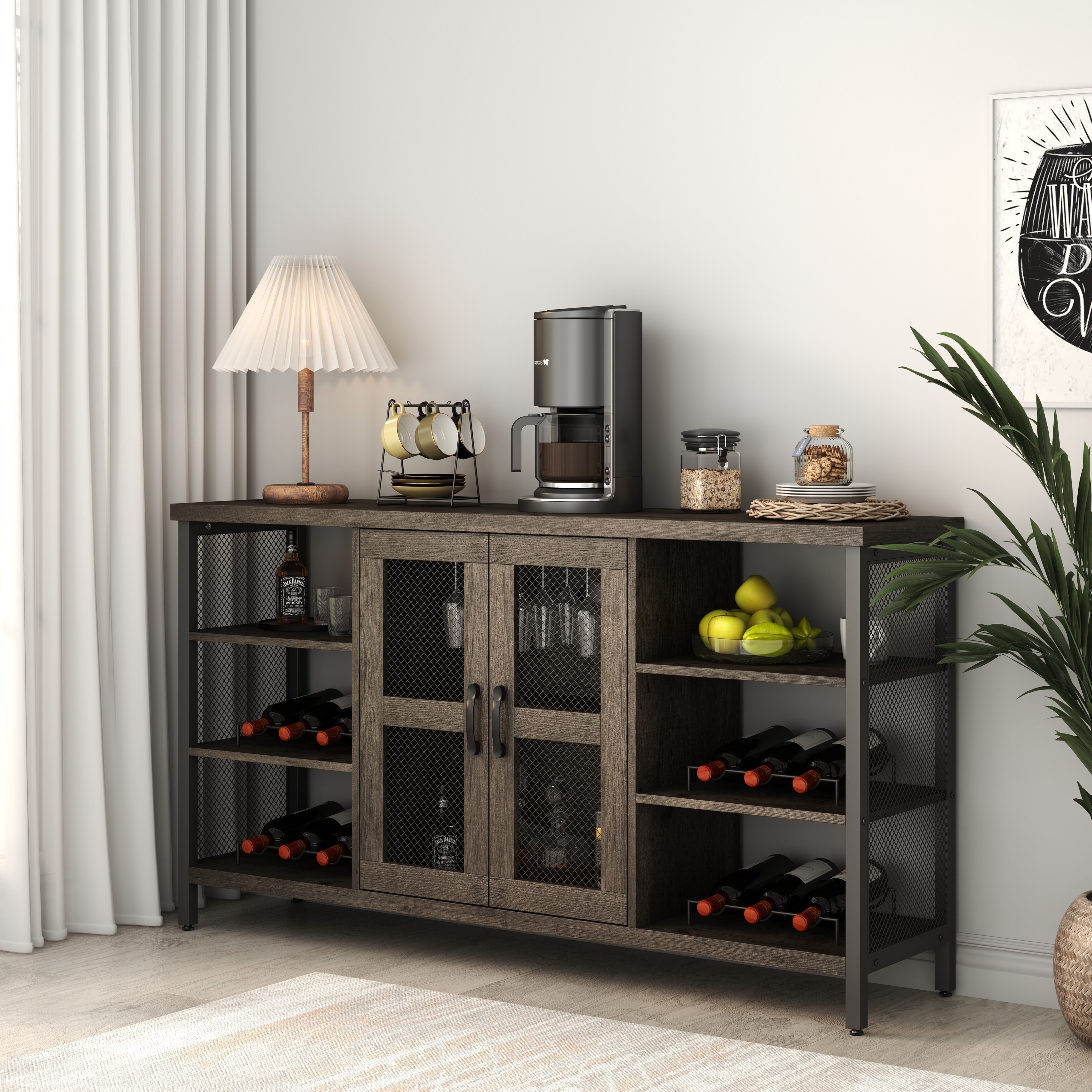 Wine cabinet for wine and glass rustic wood wine cabinet with storage multifunctional floor wine cabinet for living room Dark Gray