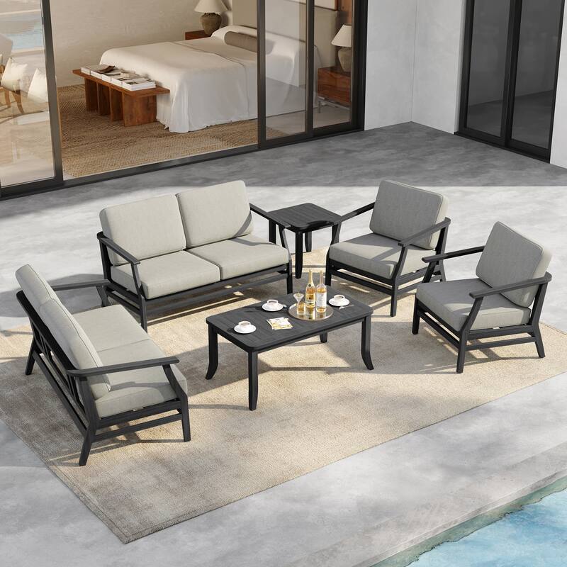 6-Seat Outdoor Teak Wood Patio Conversation Set with Cushions Tables