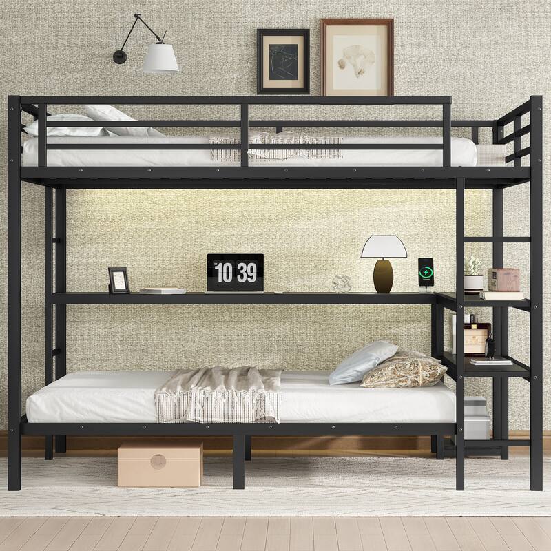 Black Full Over Twin Bunk Bed with Desk LED USB Storage Shelves for Work and Study