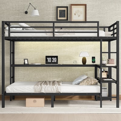 Full Over Twin Bunk Bed with L-shaped Desk, LED Lights, USB Ports and Shelves, Black Metal Bed Frame with Ladders and Guardrail