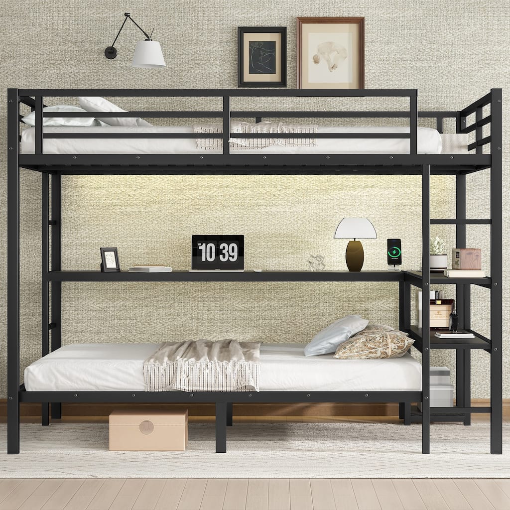 Full over Twin Metal Bunk Bed with Built In Desk and Shelves, Heavy Duty Metal Bunk LED Bed Frame with USB and Power Outlet