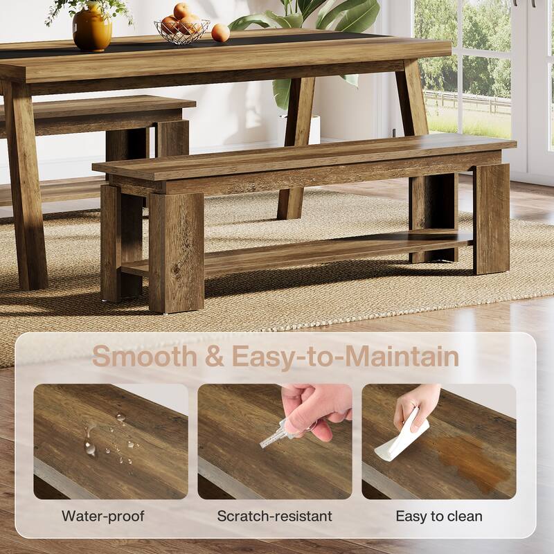 63-Inch Dining Bench for 2-3, Farmhouse Wooden Bench with Storage Shelf for Kitchen & Dining Room