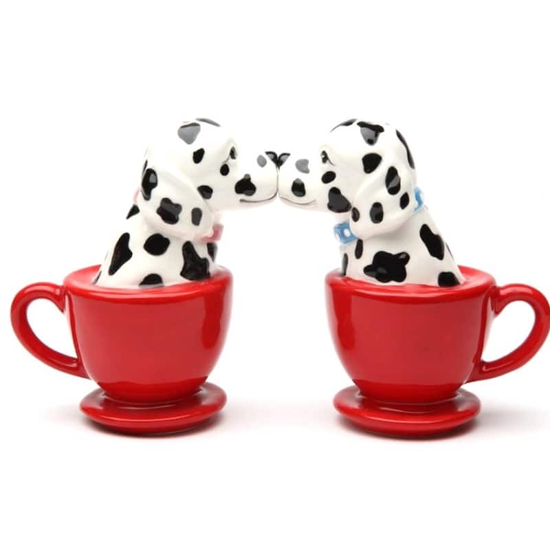 Dalmatian Dogs in Red Tea Cups Ceramic Salt and Pepper Shakers Magnetic - Black,White,Red