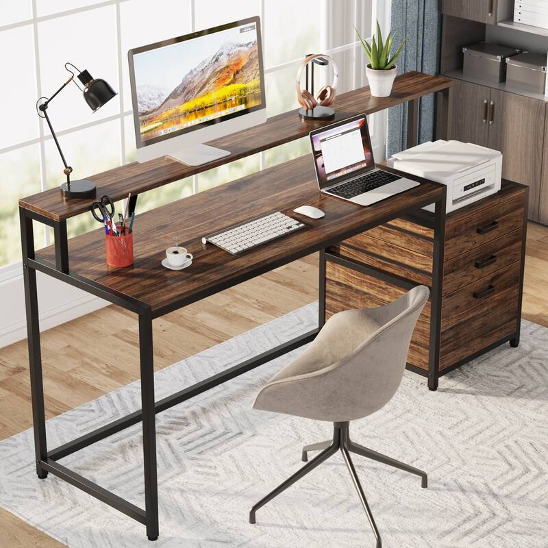 63 Inch Computer Desk with 3 Drawers, Modern Office Table with Monitor Stand and Printer Space for Home Office - Rustic Brown