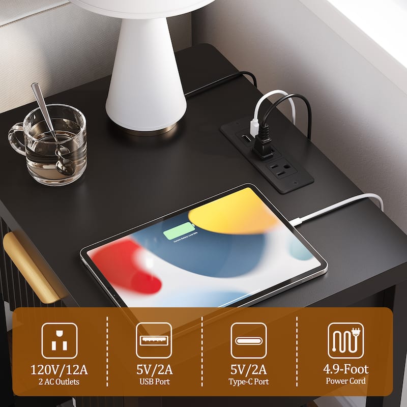 Nightstand with Drawers Fluted Bedside Table with Charging Station