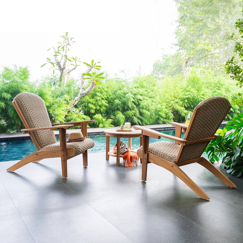 Cambridge Casual Camden Teak Patio Adirondack Chair Set with Padded Woven Seat - FREE Patio Cover - 3 PC - 2 Adirondack & 1 Side Table - Beige Wicker