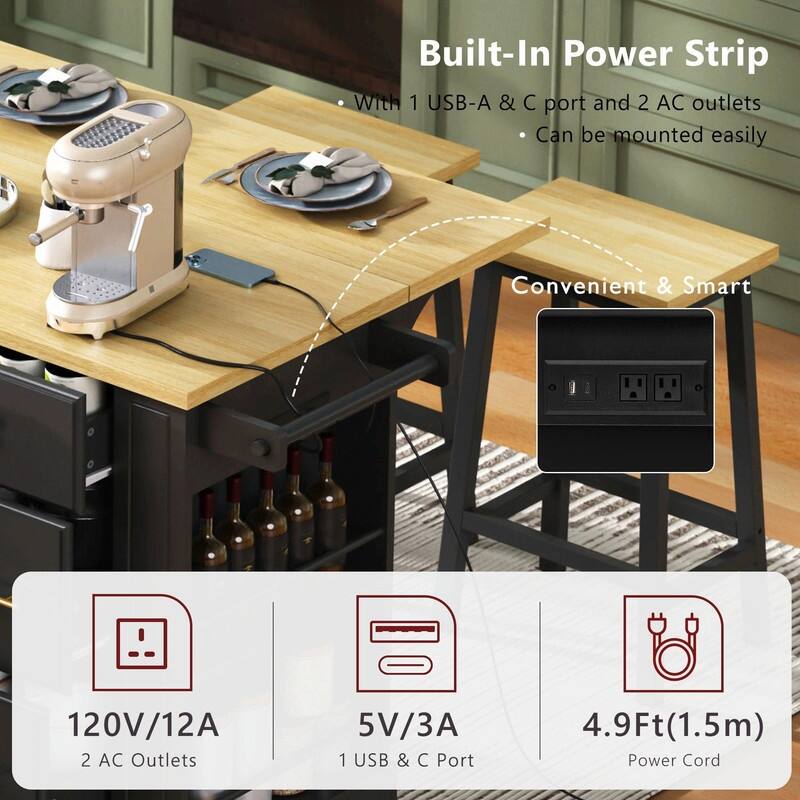 Rolling Kitchen Island with 6 Drawers, Pull-Out Trash Can Storage, Drop Leaf, Power Outlet & Side Racks