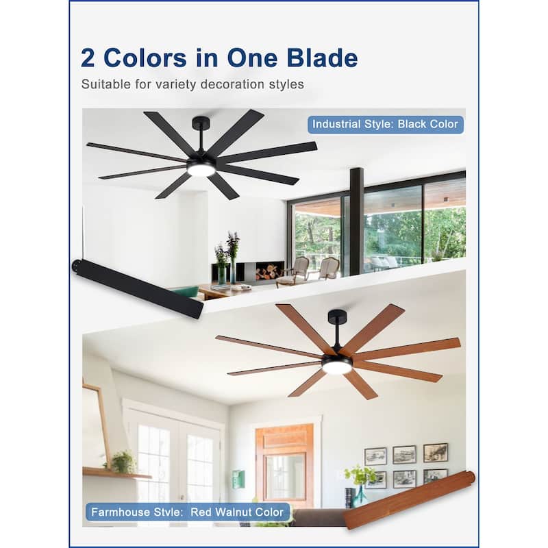 Large Ceiling Fan with Light - 8-Blade, Remote App Control, Dimmable 3CCT, Quiet DC Motor​, 66/72 Inches