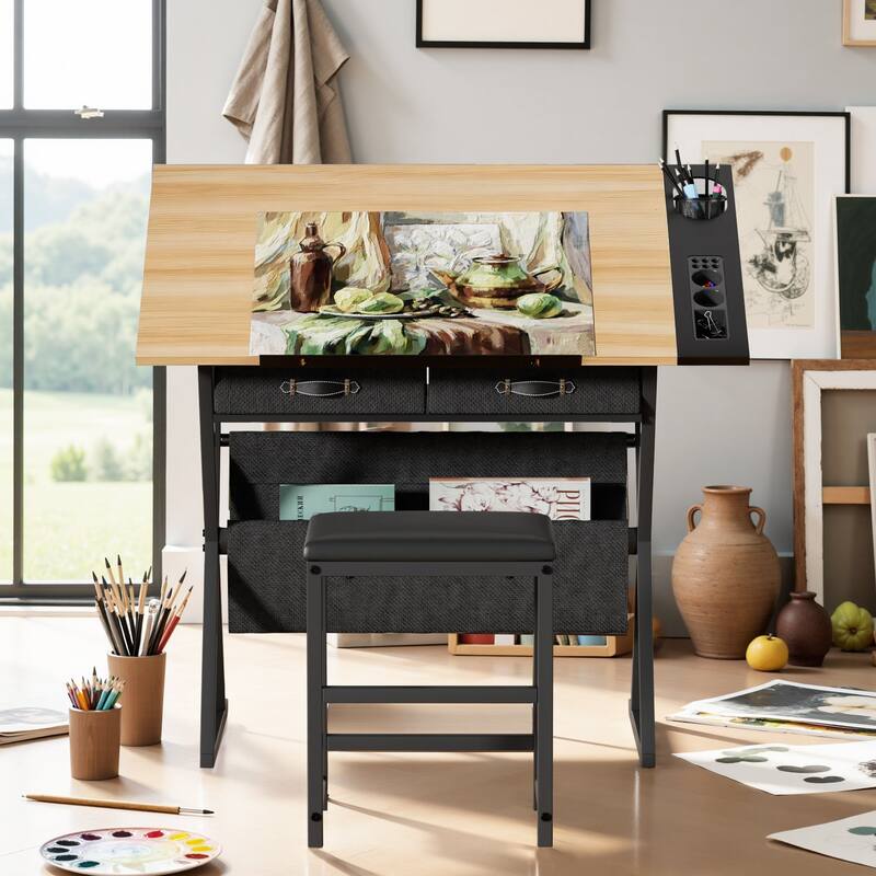 VECELO Drafting Table Set with Stool Set of 2 Tilting Art Desk with Pencil Ledge Storage Drawers with X-Frame for Home Studio - Oak