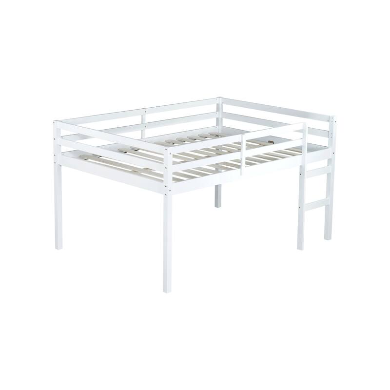 White Full Rubber Wood Loft Bed with Ladder and Storage Space