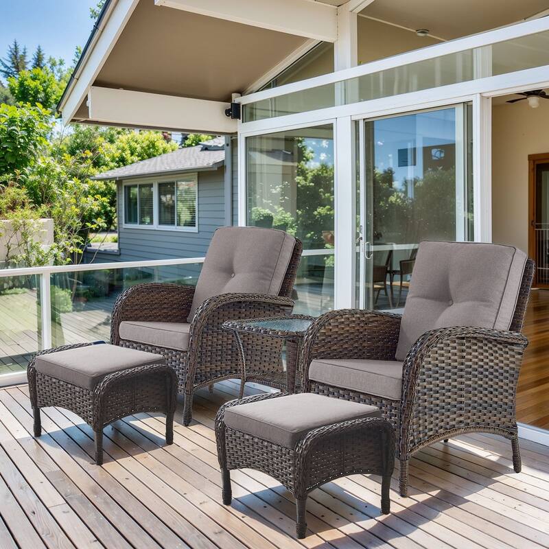 Pocassy Outdoor Wicker Patio Chairs Set - Brown Wicker Grey Cushion - 5PCS Patio Chairs w/ Ottoman and Table