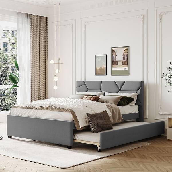 slide 2 of 9, Linen Fabric Platform Bed with Brick Pattern Headboard, with Twin XL Trundle, Queen Size, Grey Grey