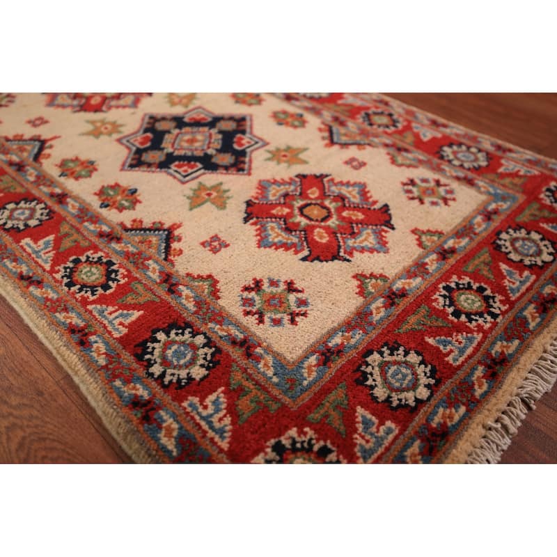 Geometric Kazak Oriental Foyer Rug Hand-Knotted Beige Wool Carpet - 2'0" x 3'0"
