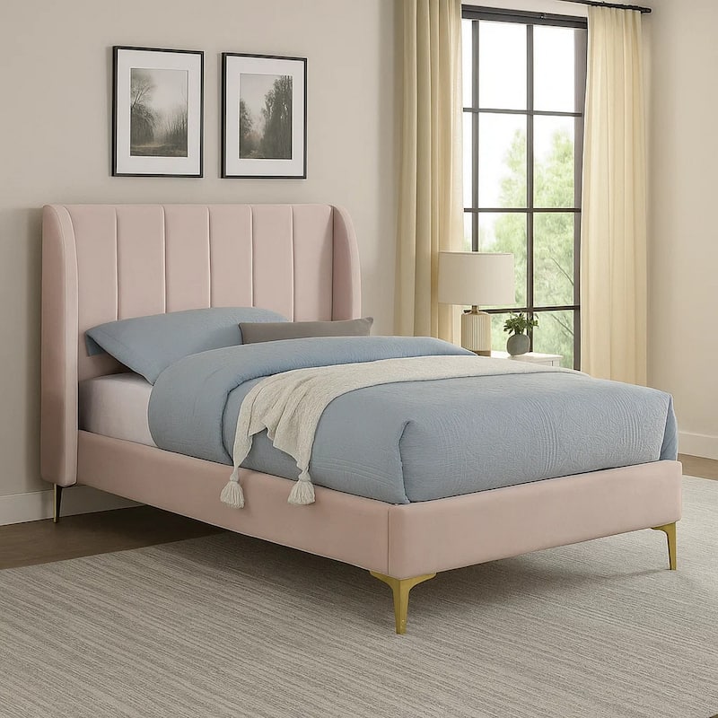 Pevy Twin Size Bed, Tufted Wingback in Light Pink Velvelike Upholstery