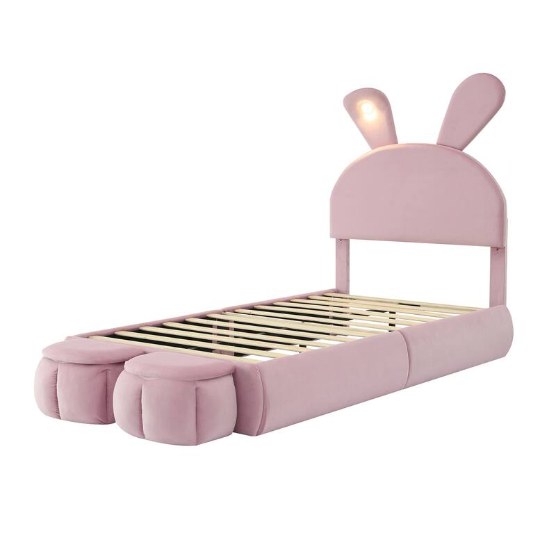 Twin Size Upholstered Platform Bed with Cartoon Ears Headboard and LED Light, Pink