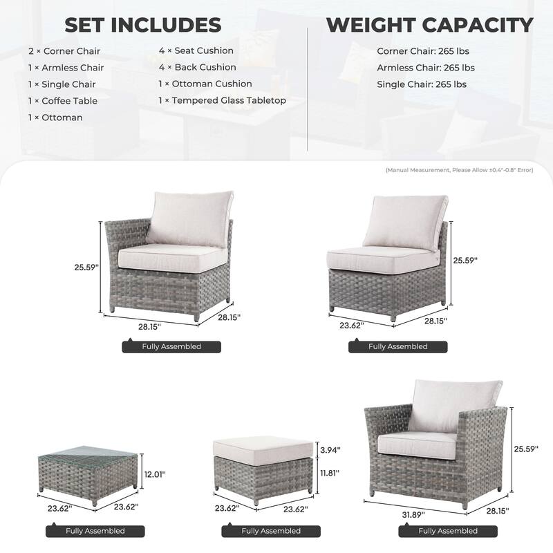 HOOOWOOO 6-piece Grey Rattan Patio Furniture Outdoor Sectional Set with Ottoman