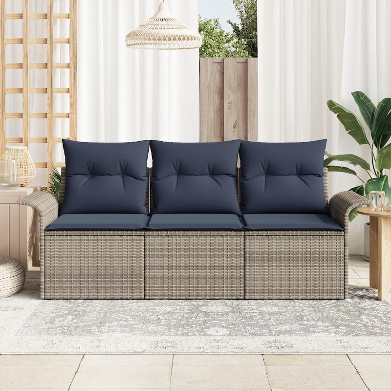 vidaXL 3-Seater Garden Sofa with Cushions Black/Brown/Grey Poly Rattan - 24.4 x 77.2 x 27.2