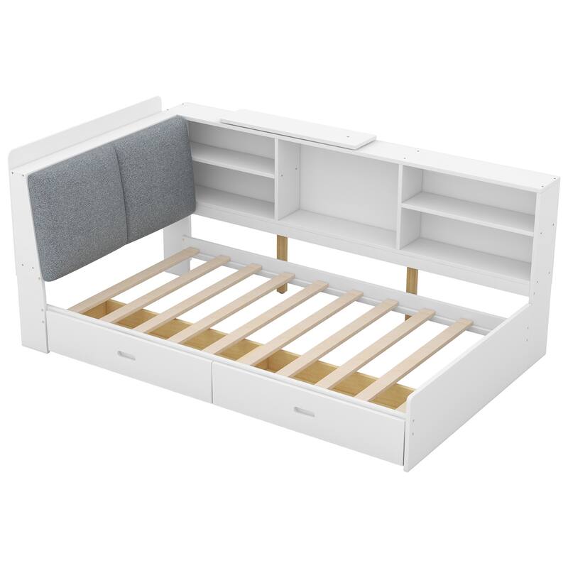 Wood Twin Size platform bed with Storage Headboard, Shelves and 2 Drawers