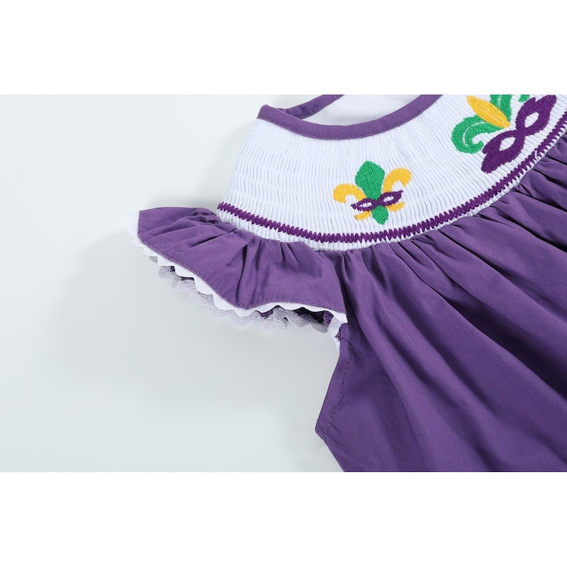 Lil Cactus Purple and Gingham Mardi Gras Smocked Bishop Dress