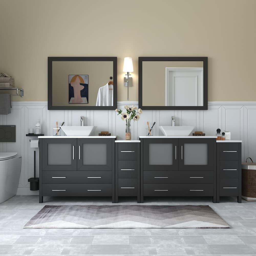 Vanity Art 96" Double Sink Bathroom Vanity Set with Engineered Marble Top and Free Mirror