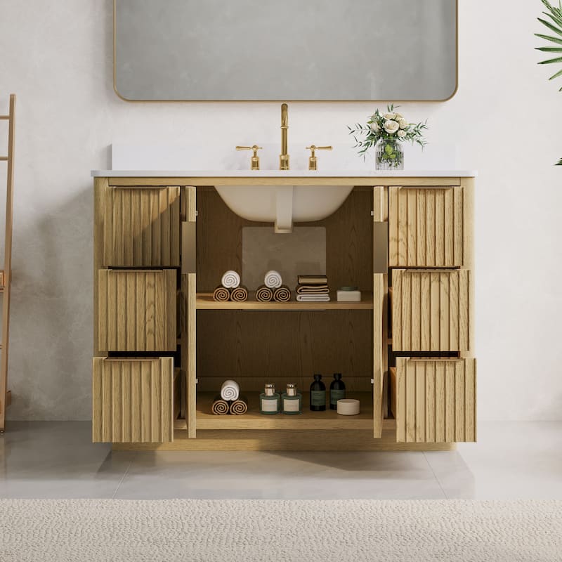 35''H Solid Wood Bathroom Vanity With Stain-resistant Carrera White Quartz Top and Sink