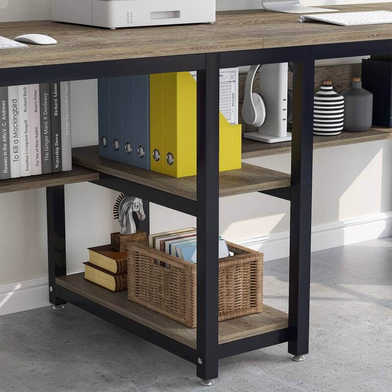 78.7" Two Person Desk with Bookshelf, Office Double Desk for Two Person