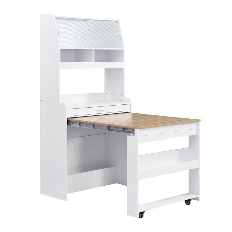 Compact Dining Table with Hutch and Foldable Buffet, Storage Shelf & Side Hooks - Natural