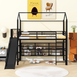 Black Twin Size House Metal Loft Bed w/Storage Shelves and Slide