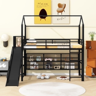 House Metal Twin Size Loft Bed with Shelves and Slide for Home